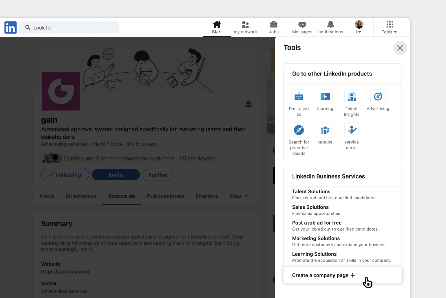 a print screen of a LinkedIn showing how to create a company page