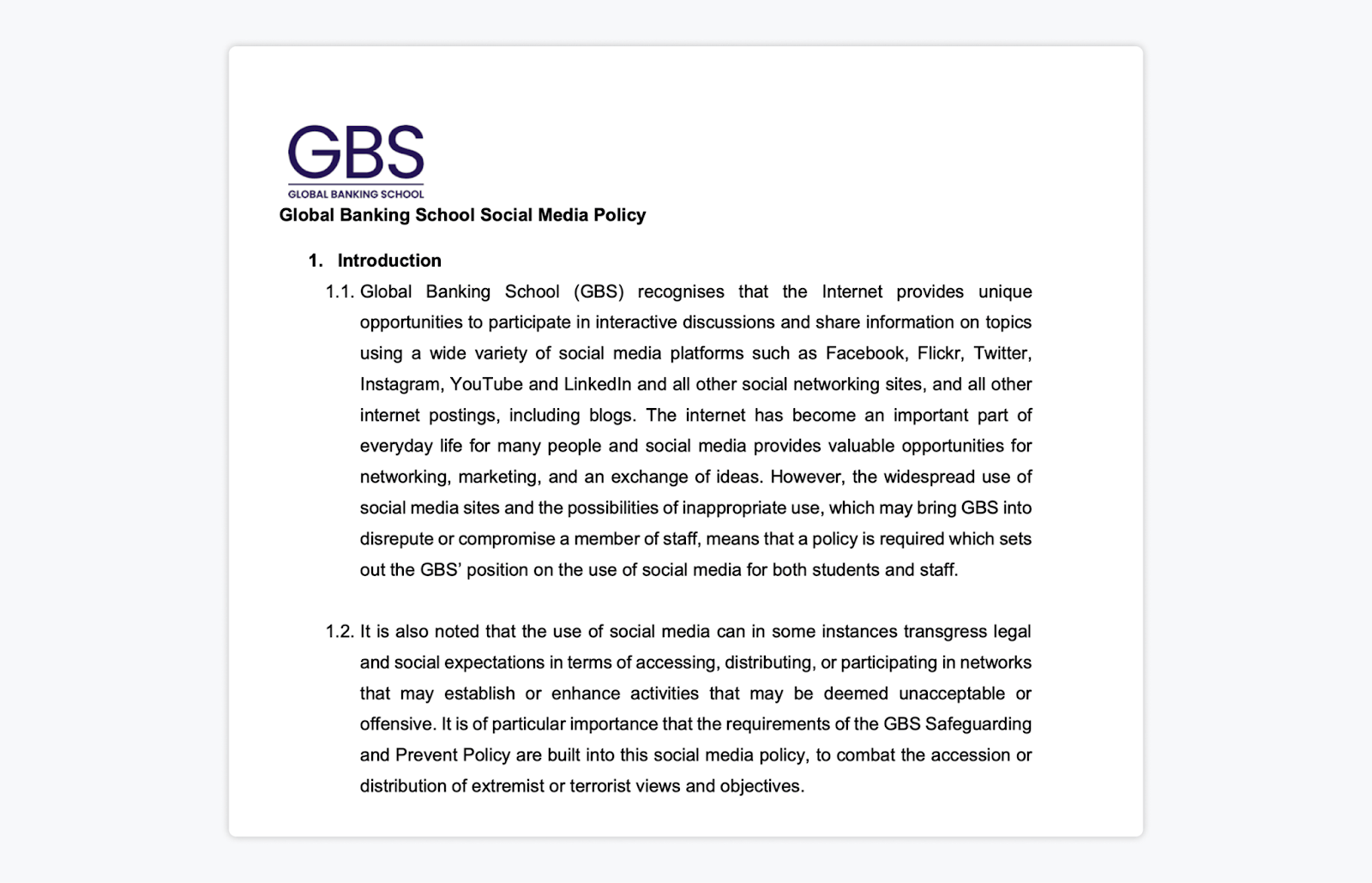 global banking school social media compliance policy