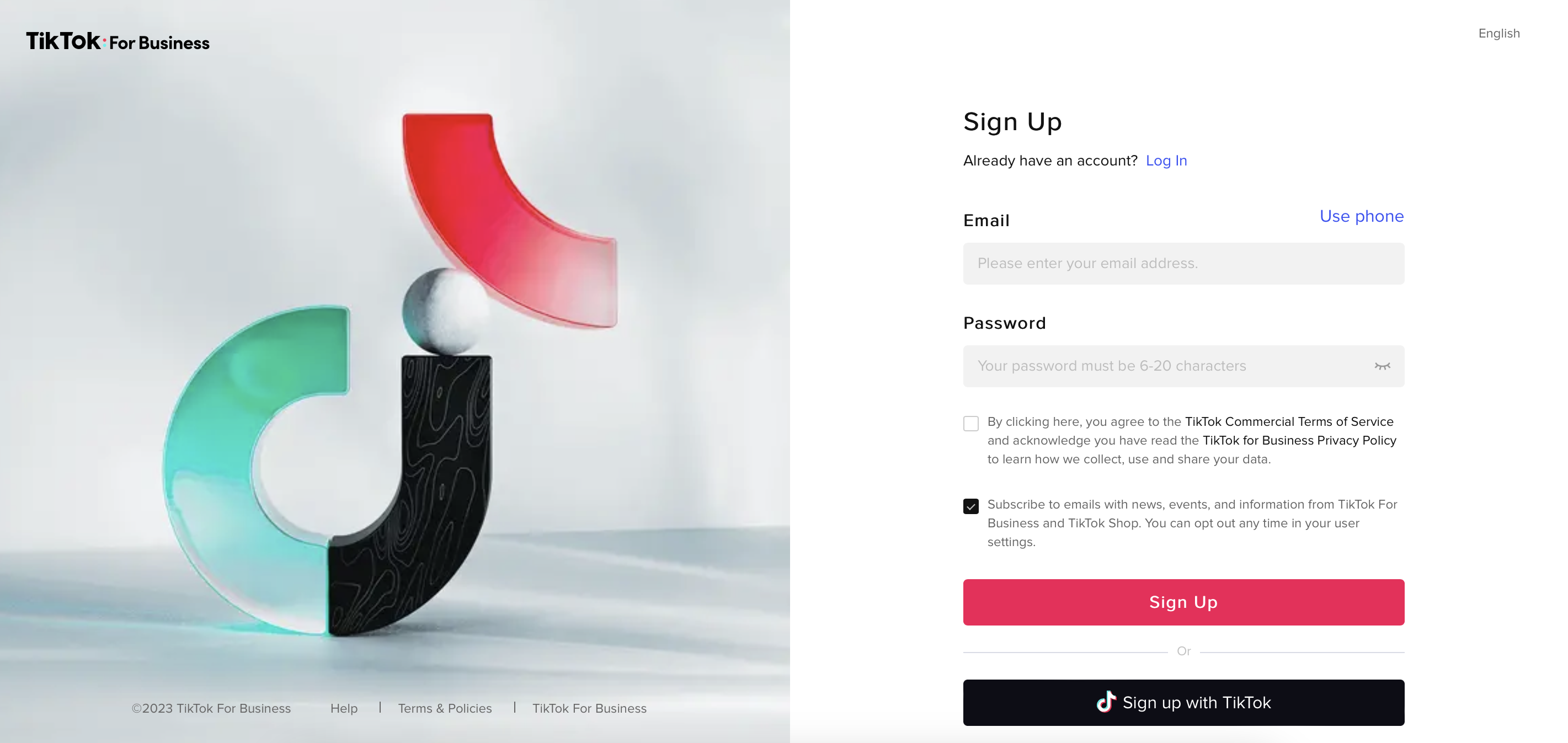 a print screen of TikTok Business sign up page