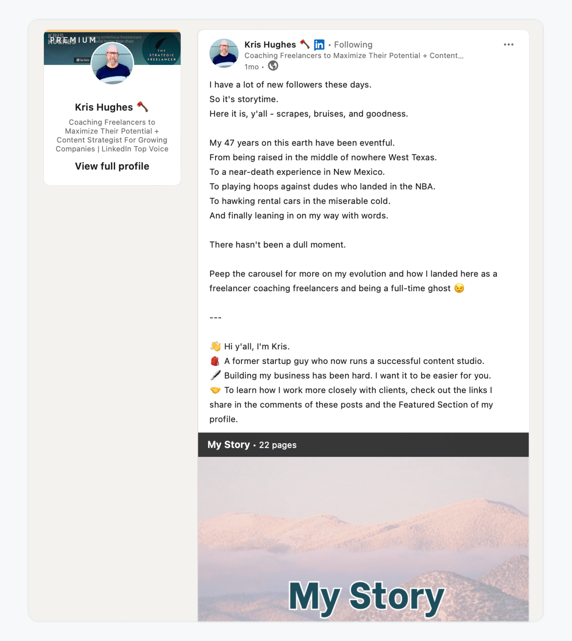 An image shows an agency owner sharing their personal story on LinkedIn