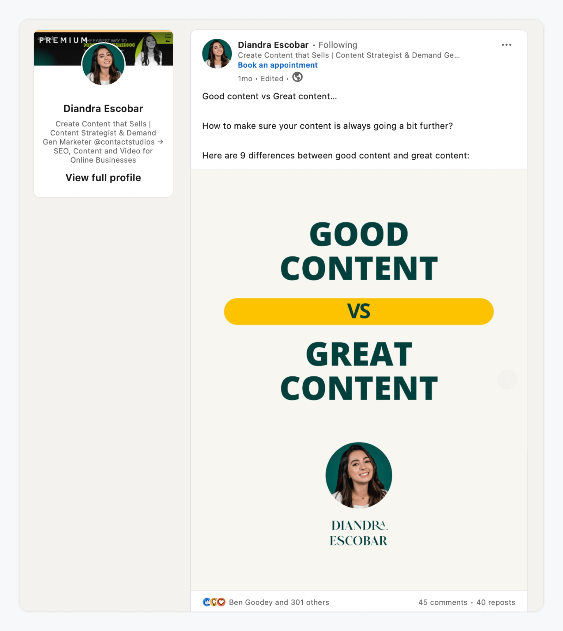 An image shows a person sharing expert tips about good vs great content on LinkedIn