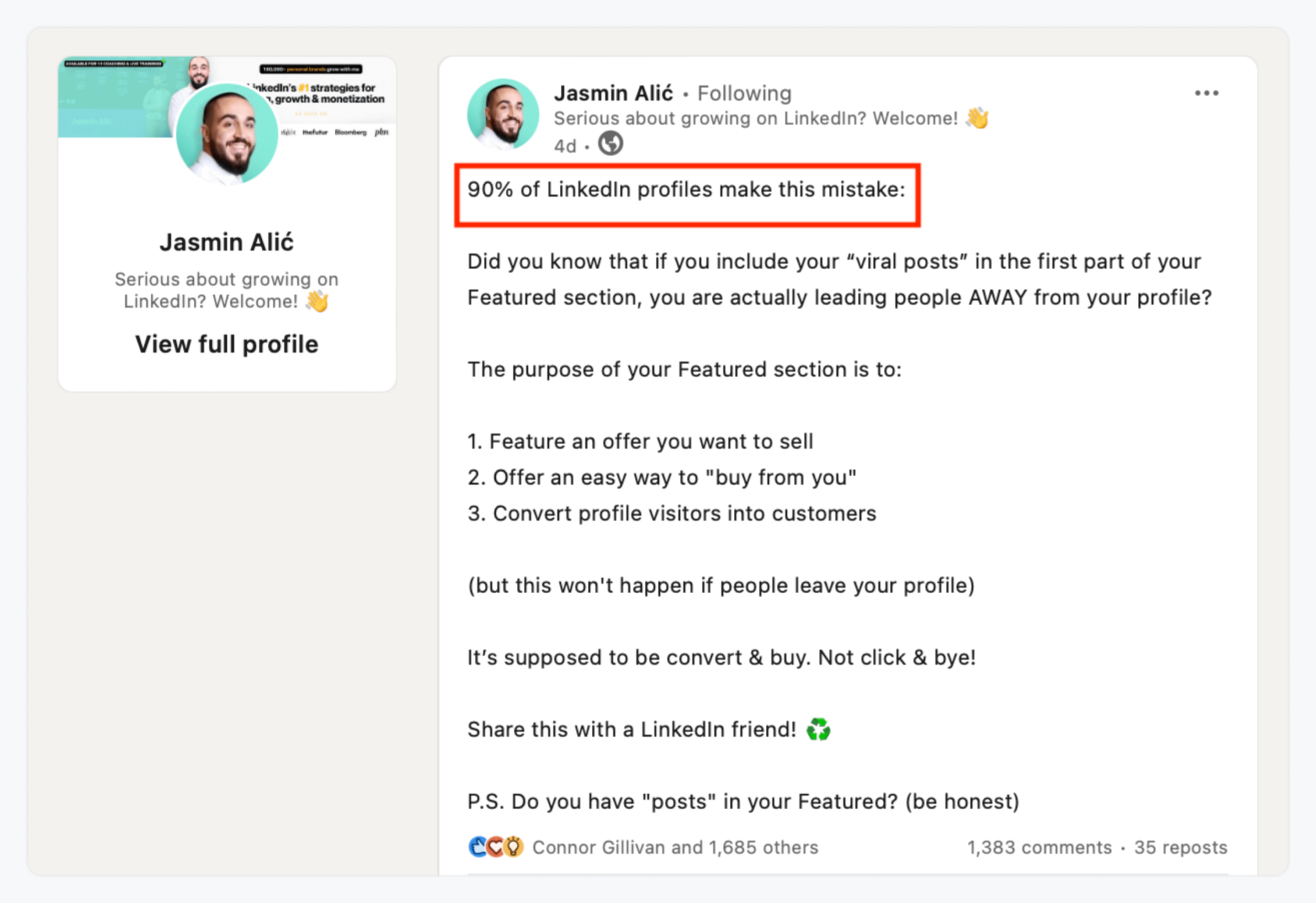The image shows an example of a strong hook used on LinkedIn post