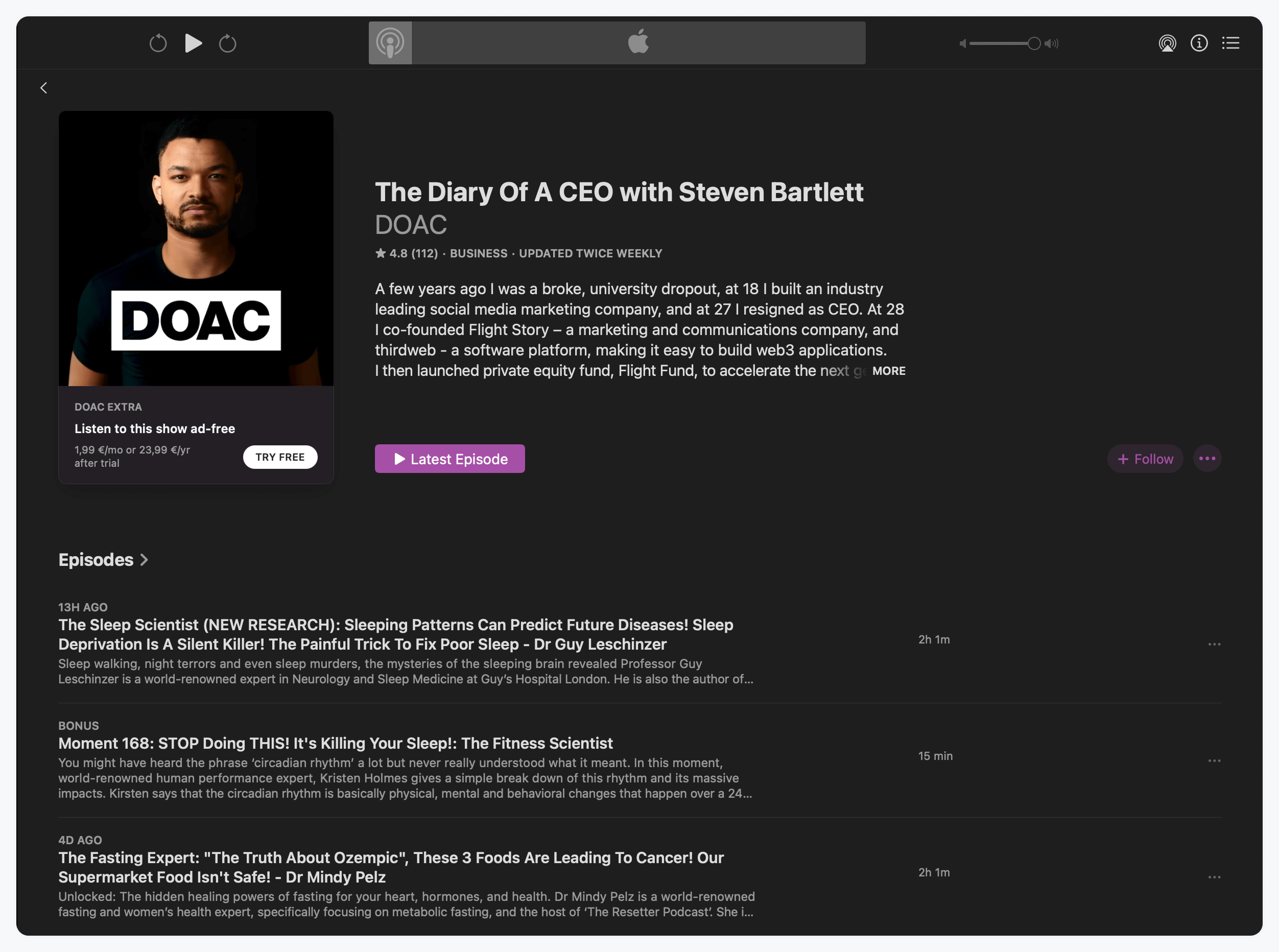 A picture showing The Diary of a CEO podcast page on Apple Podcast