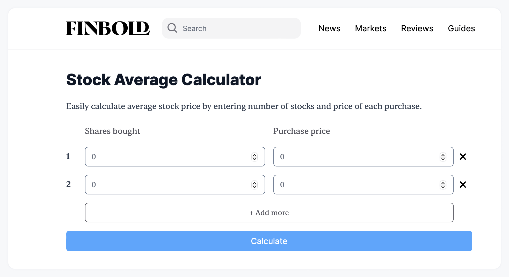 A stock average calculator showing how calculators can be a great addition to digital content mix.