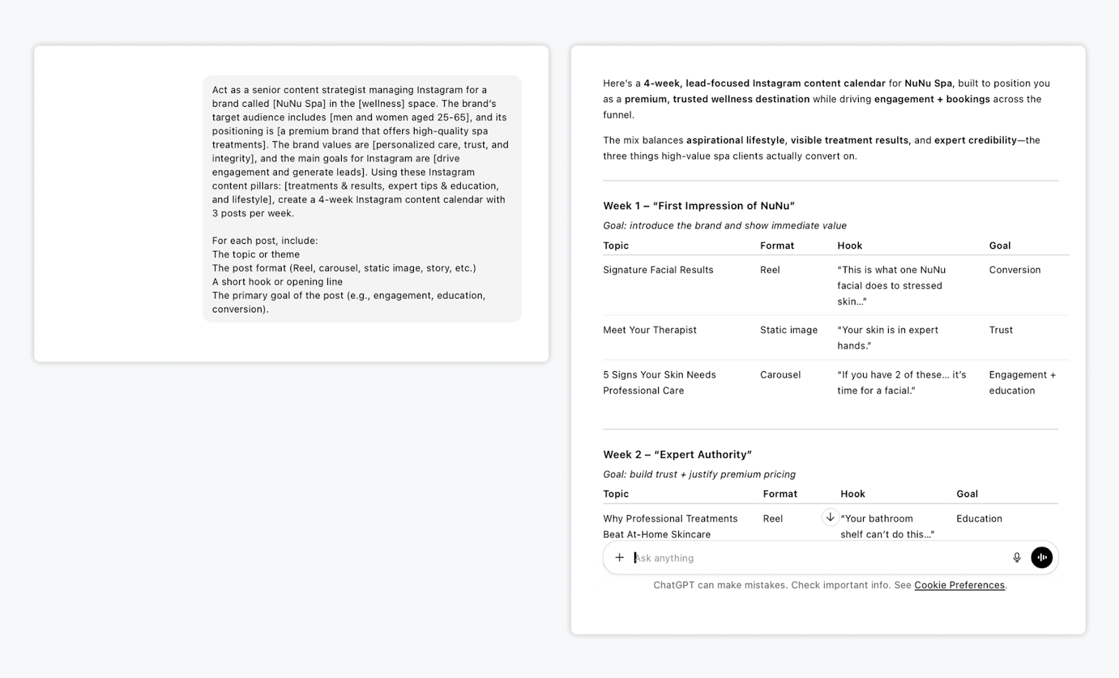 ChatGPT prompt for Instagram content calendar
