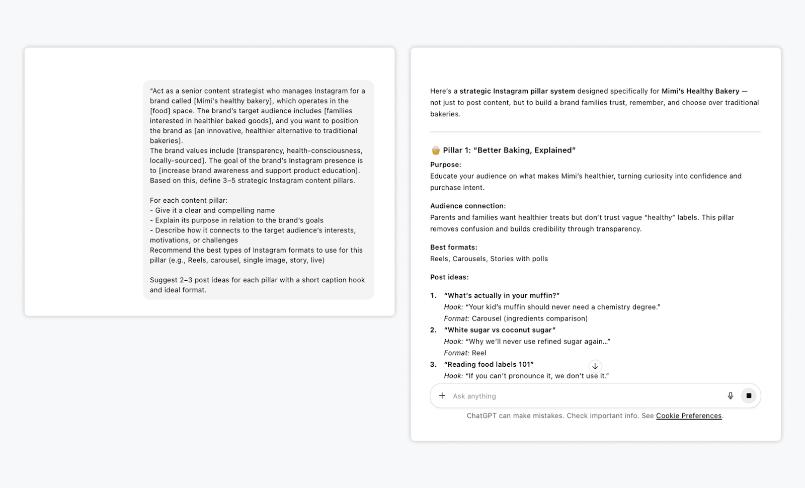 ChatGPT prompt for Instagram content pillars