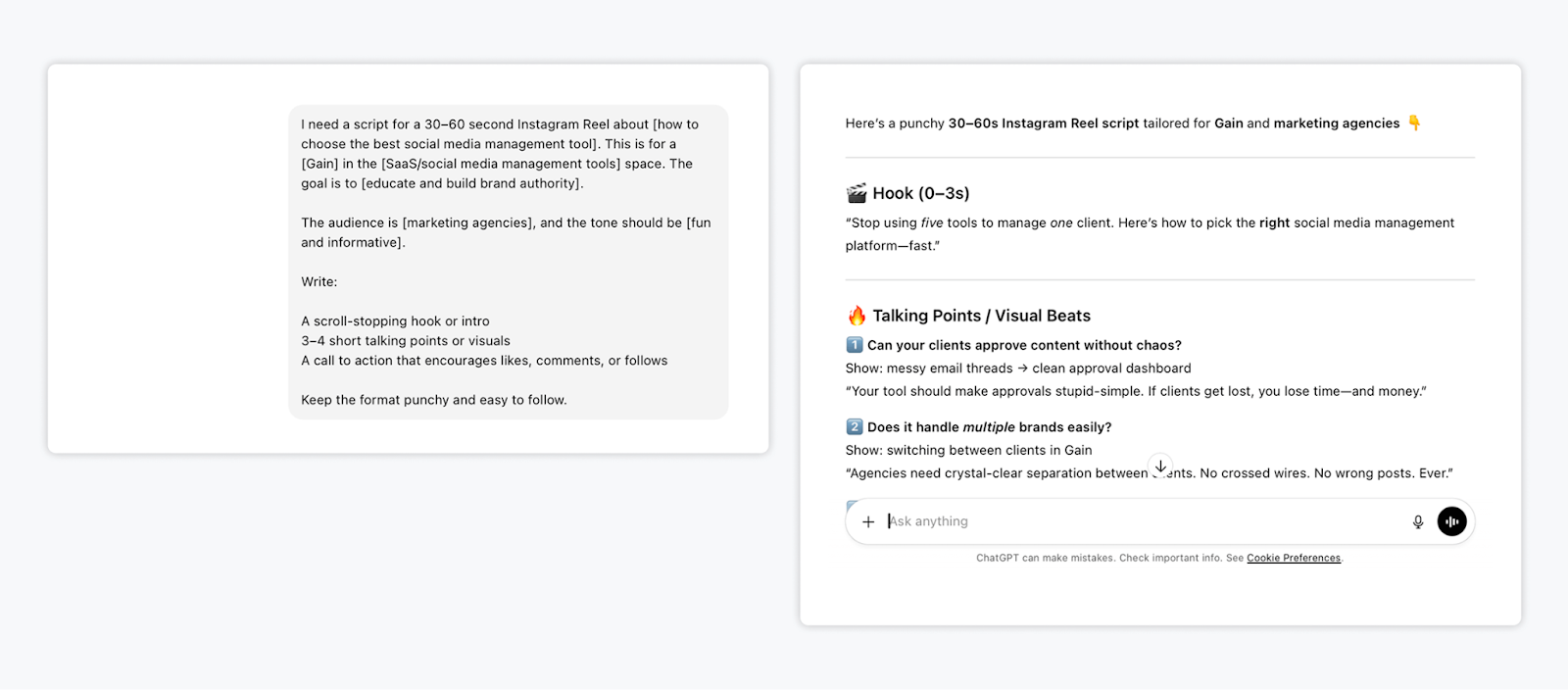 ChatGPT prompt for Instagram Reel script